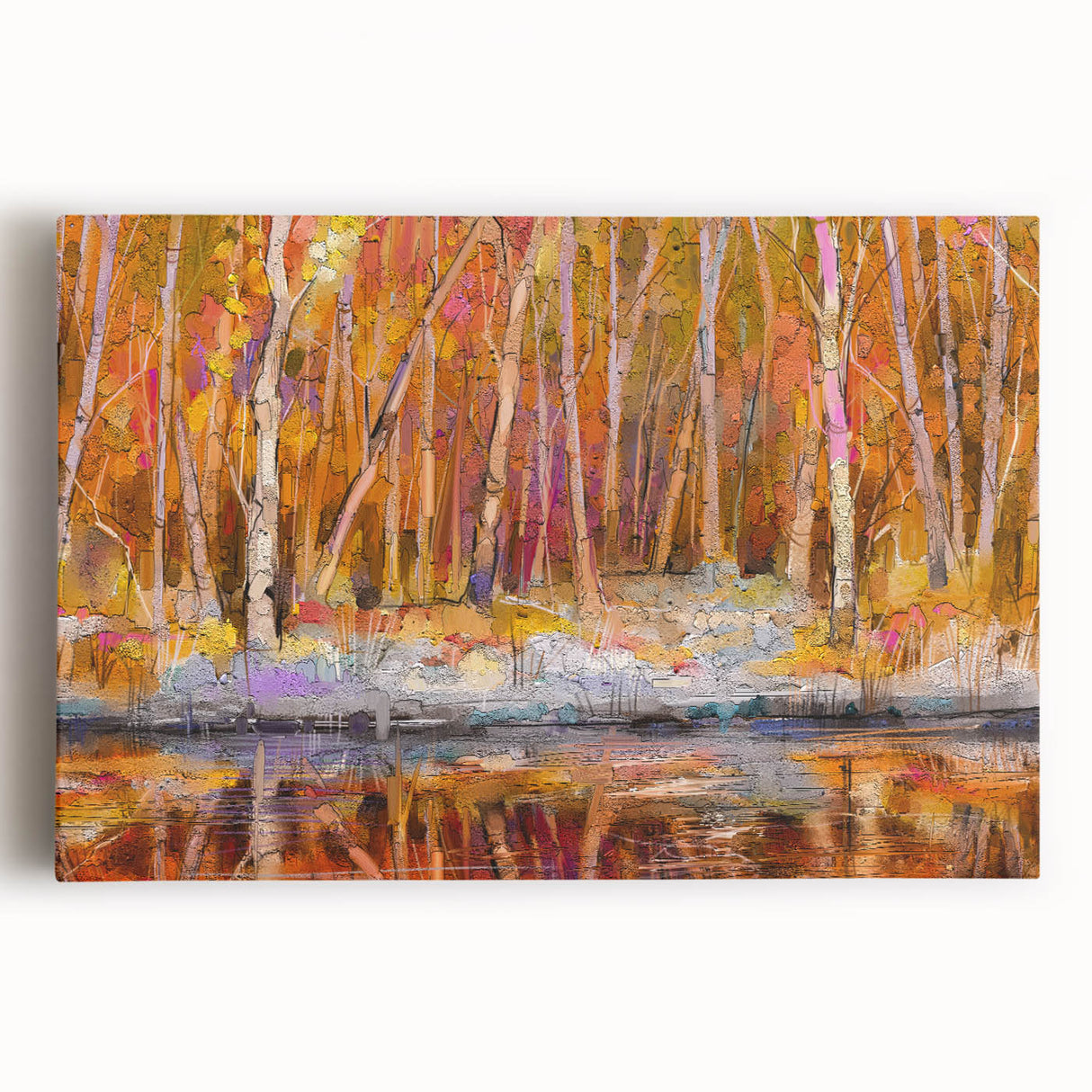 Abstract Minimalist Landscape Paintings – Autumn Forest Reflection