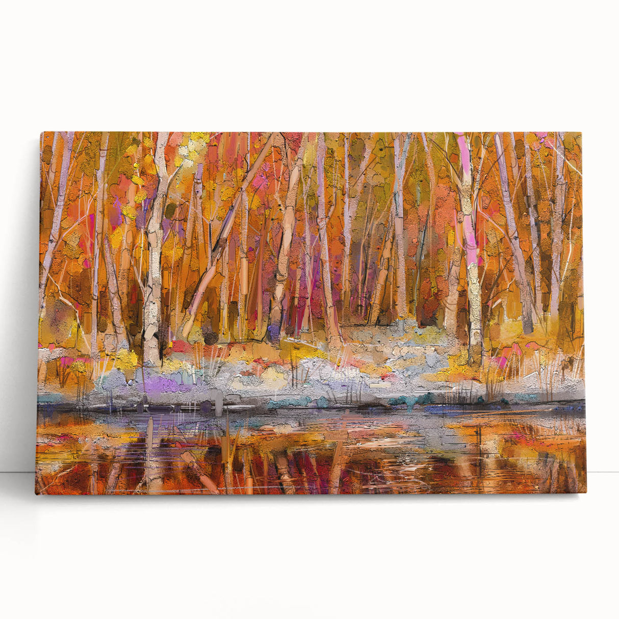 Abstract Minimalist Landscape Paintings – Autumn Forest Reflection
