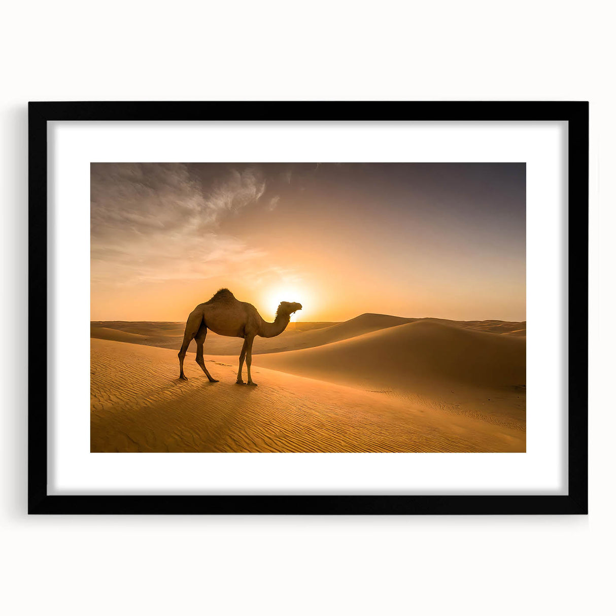 Modern Minimalist Landscape Prints – Camel at Golden Desert Sunset