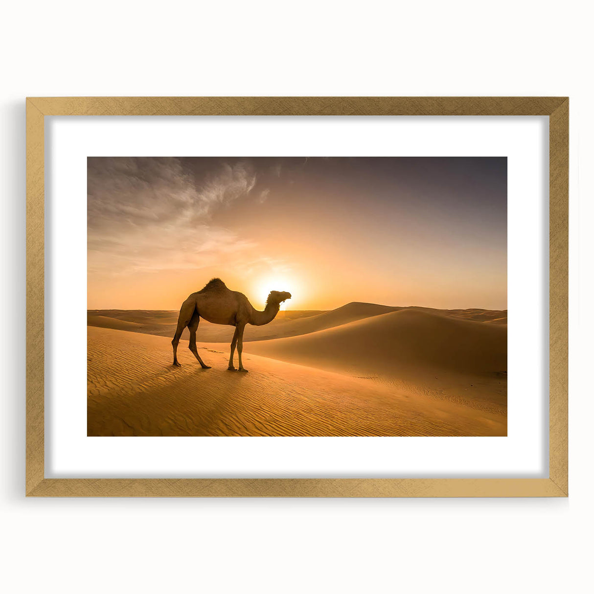 Modern Minimalist Landscape Prints – Camel at Golden Desert Sunset