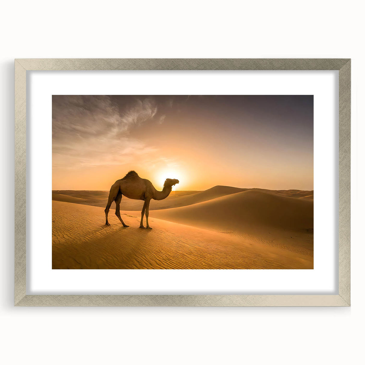 Modern Minimalist Landscape Prints – Camel at Golden Desert Sunset