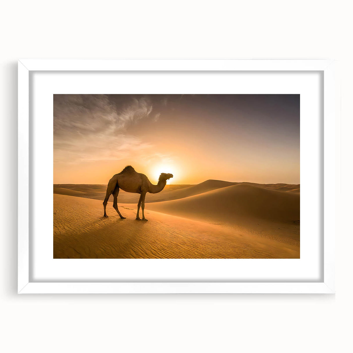 Modern Minimalist Landscape Prints – Camel at Golden Desert Sunset