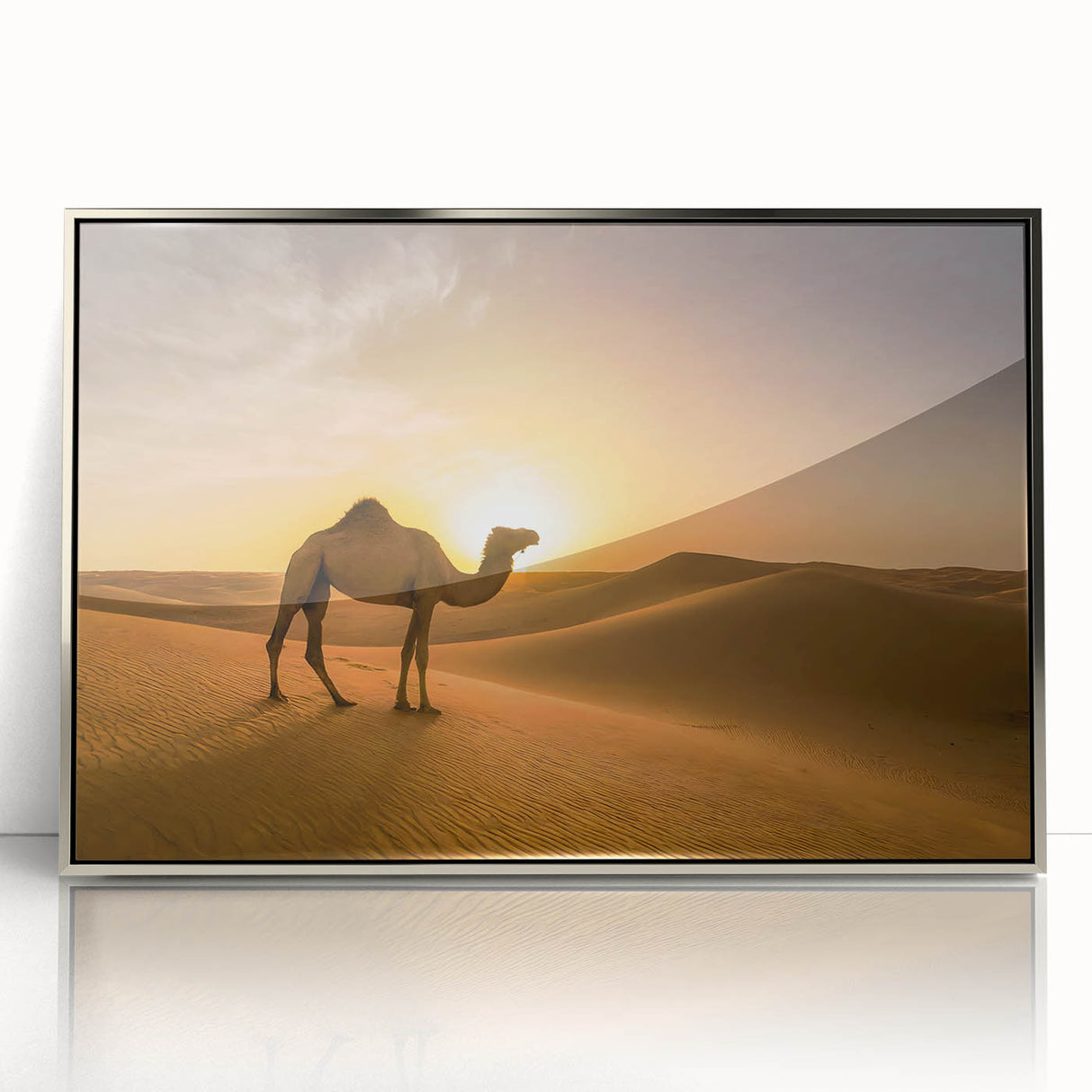 Modern Minimalist Landscape Prints – Camel at Golden Desert Sunset