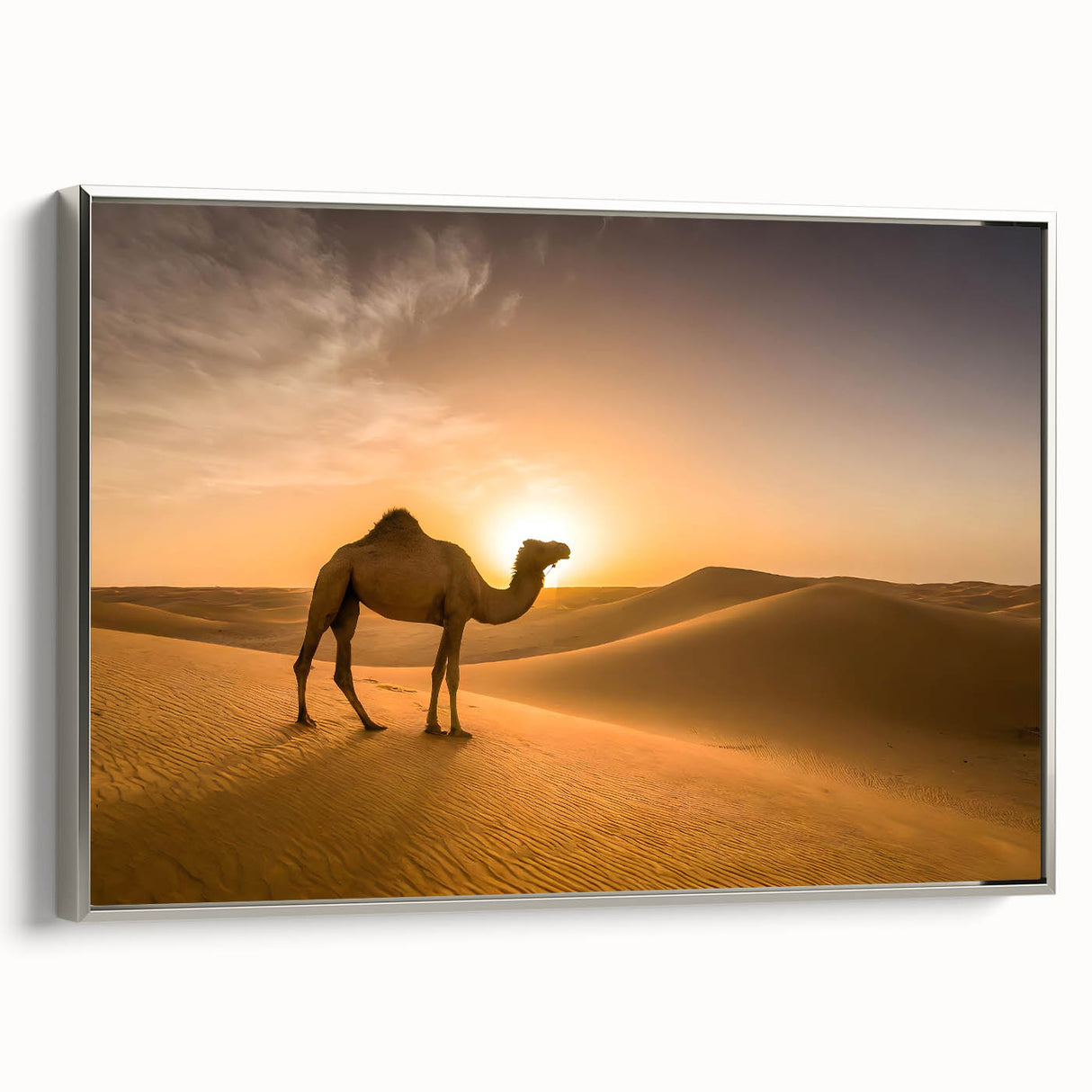 Modern Minimalist Landscape Prints – Camel at Golden Desert Sunset