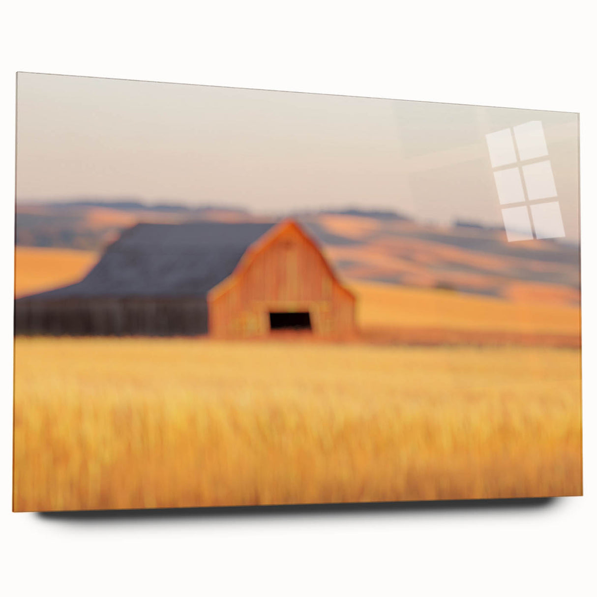 Minimalist Coastal Landscape Art – Blurred Barn in Golden Fields