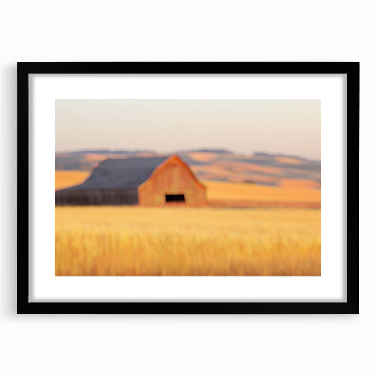Minimalist Coastal Landscape Art – Blurred Barn in Golden Fields