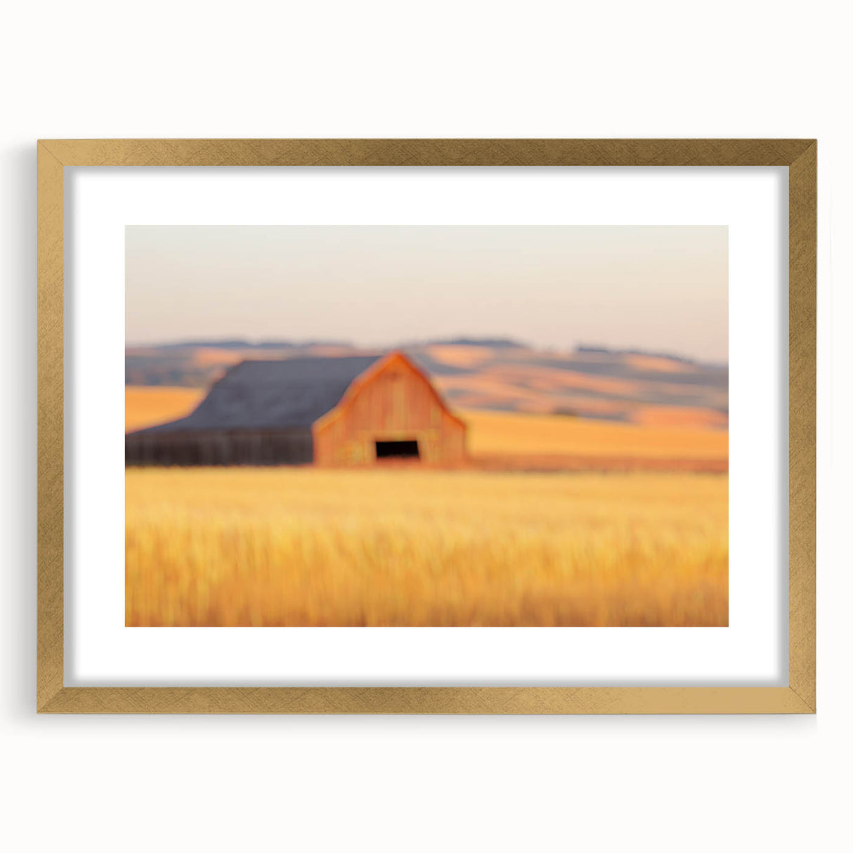 Minimalist Coastal Landscape Art – Blurred Barn in Golden Fields