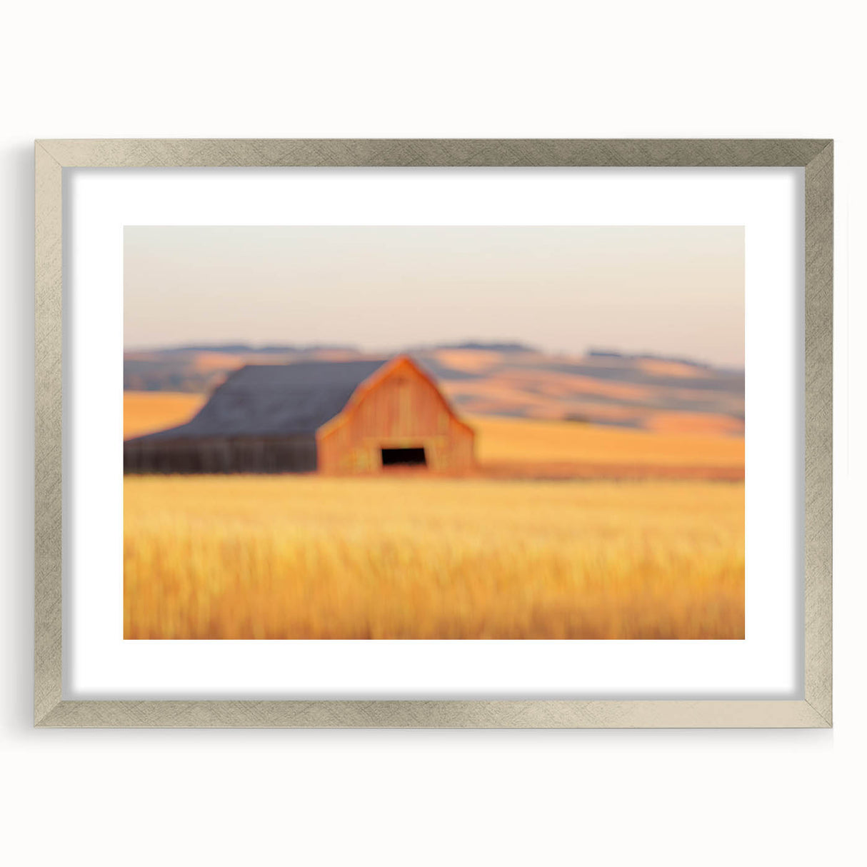 Minimalist Coastal Landscape Art – Blurred Barn in Golden Fields