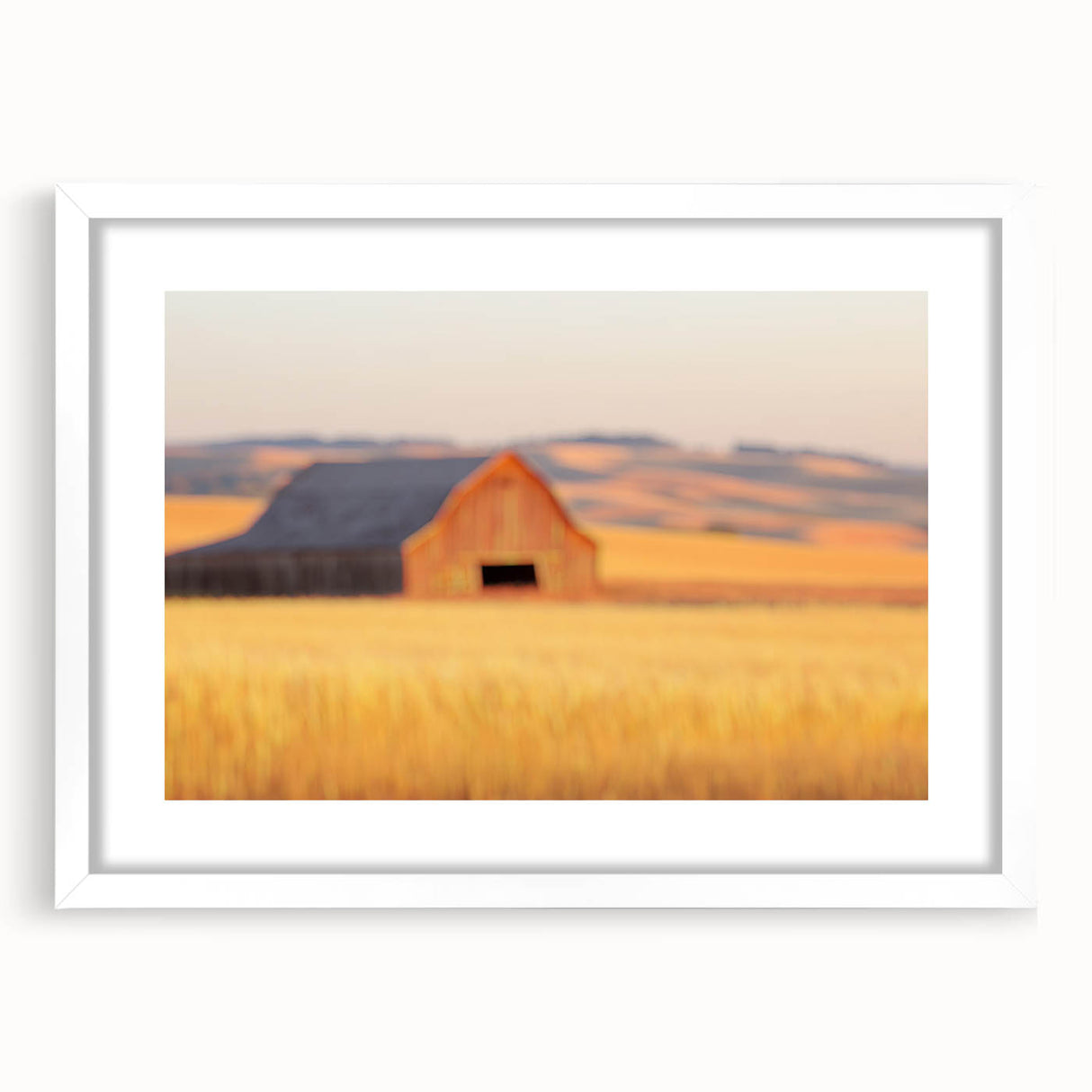 Minimalist Coastal Landscape Art – Blurred Barn in Golden Fields