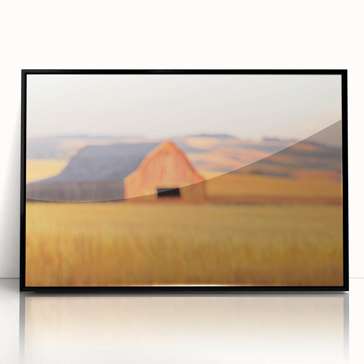 Minimalist Coastal Landscape Art – Blurred Barn in Golden Fields