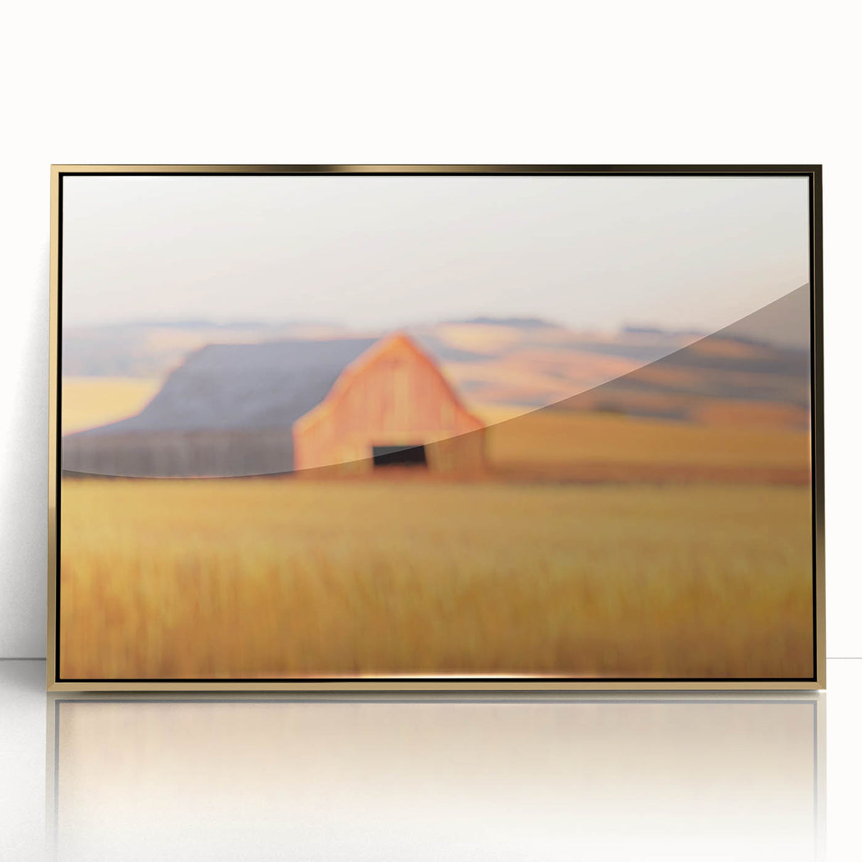 Minimalist Coastal Landscape Art – Blurred Barn in Golden Fields