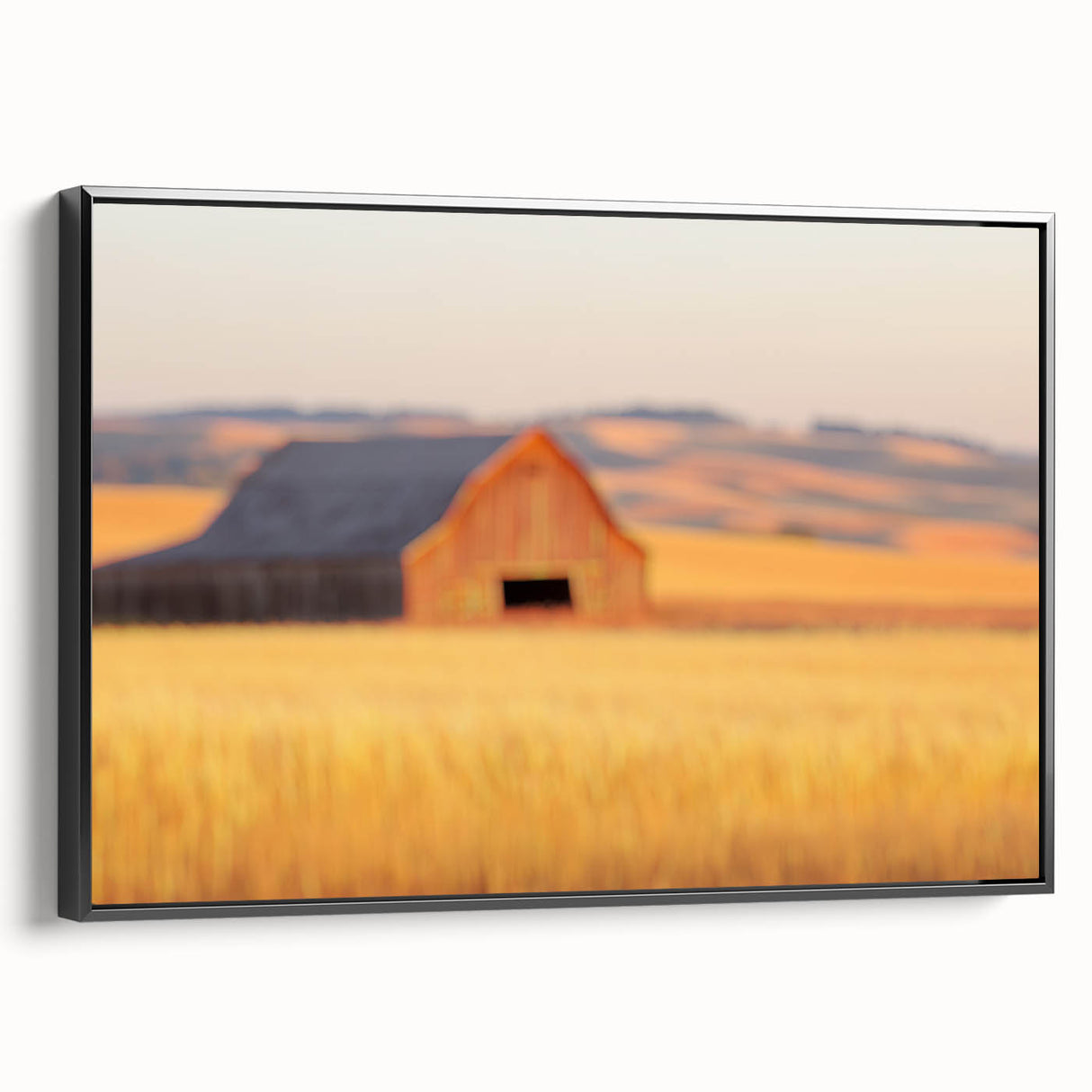 Minimalist Coastal Landscape Art – Blurred Barn in Golden Fields