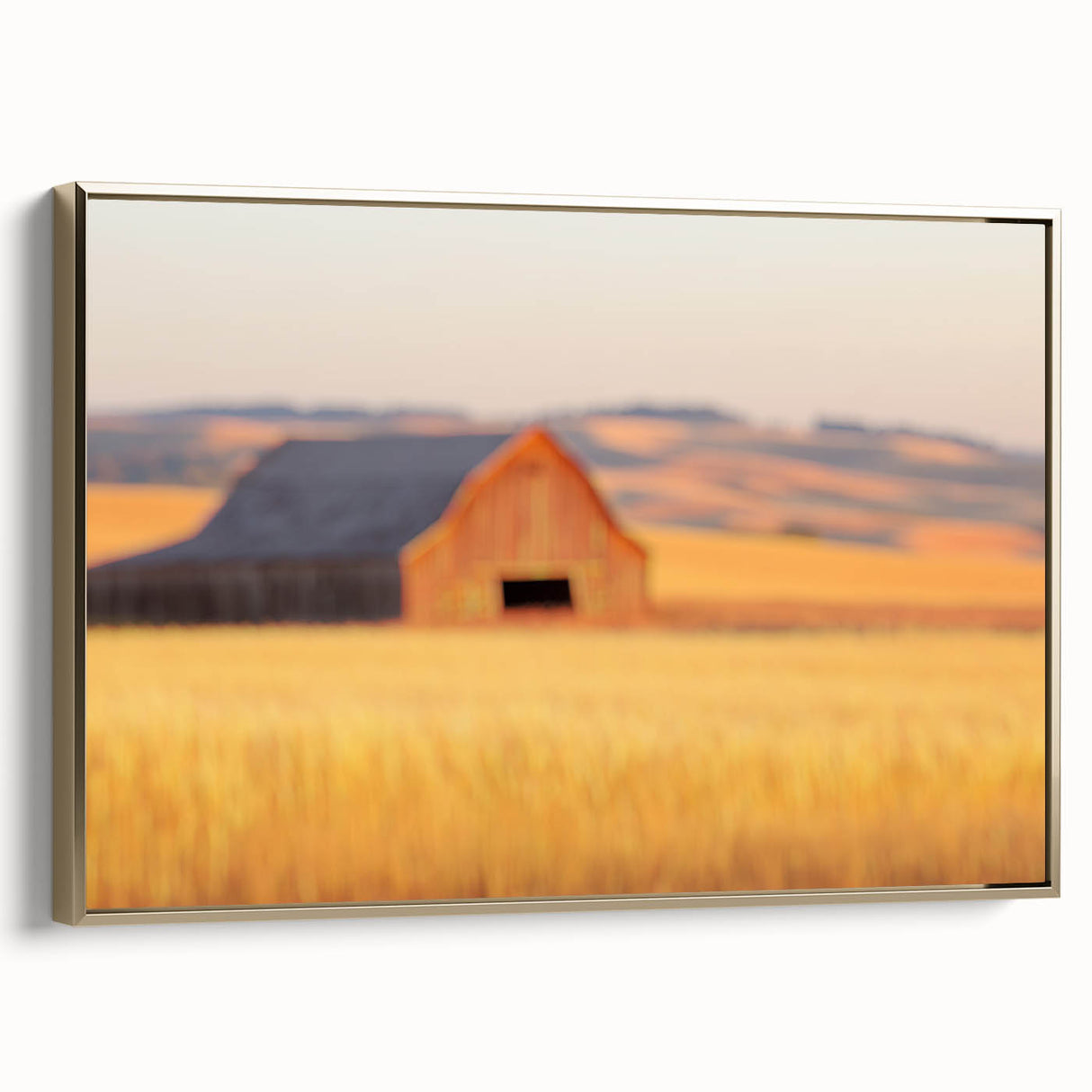 Minimalist Coastal Landscape Art – Blurred Barn in Golden Fields