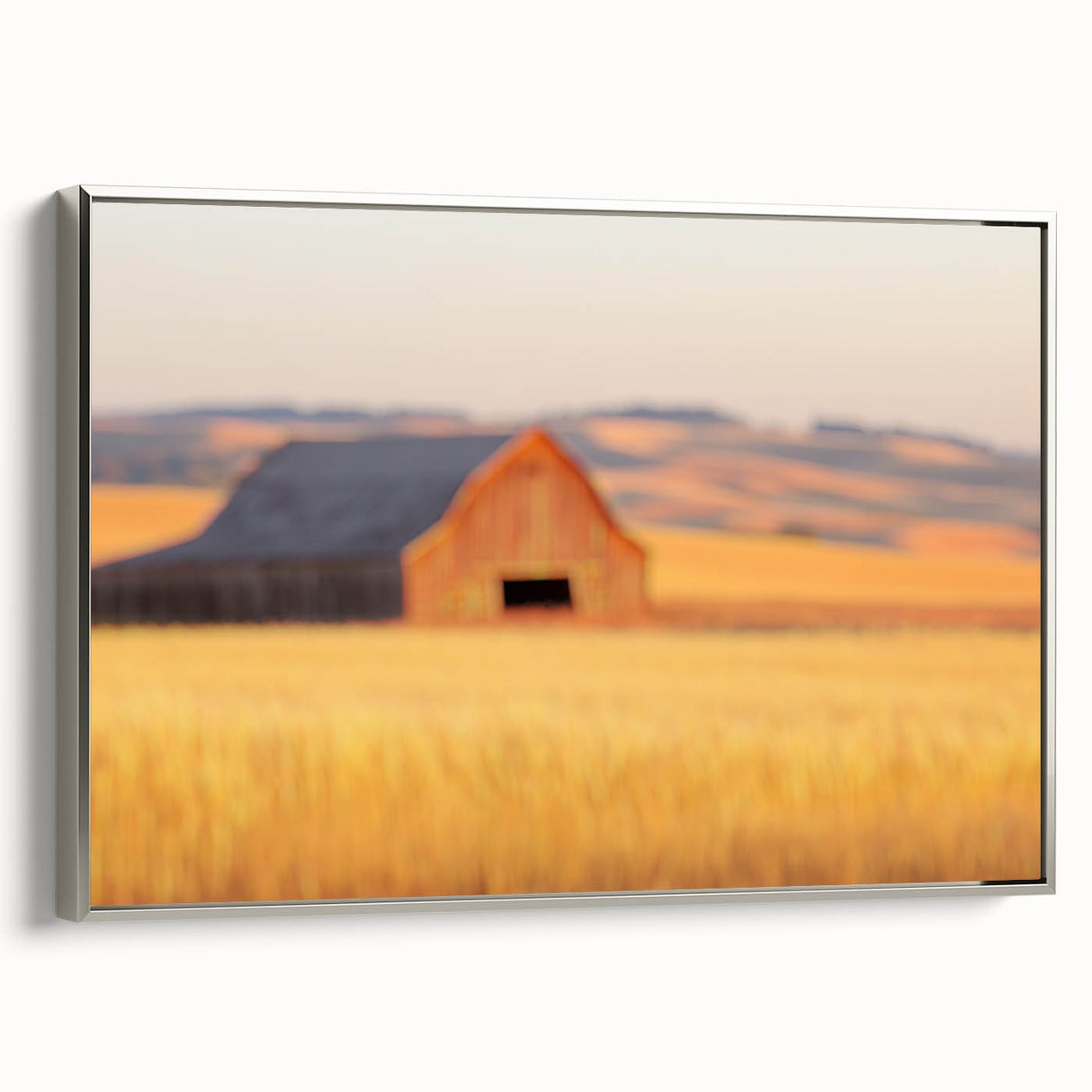 Minimalist Coastal Landscape Art – Blurred Barn in Golden Fields