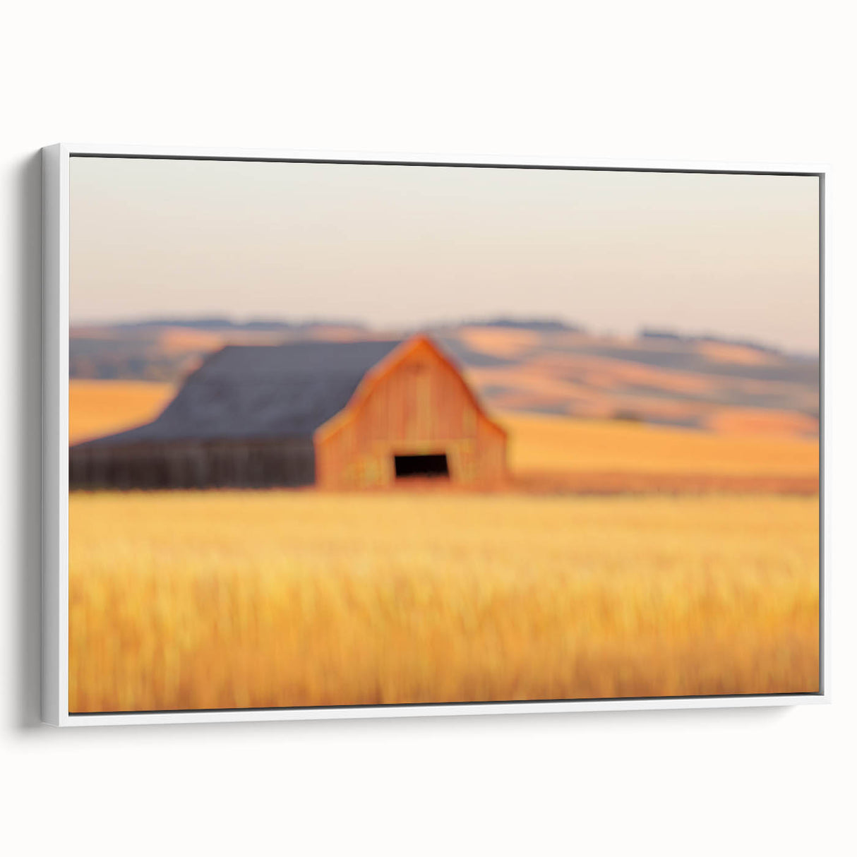 Minimalist Coastal Landscape Art – Blurred Barn in Golden Fields