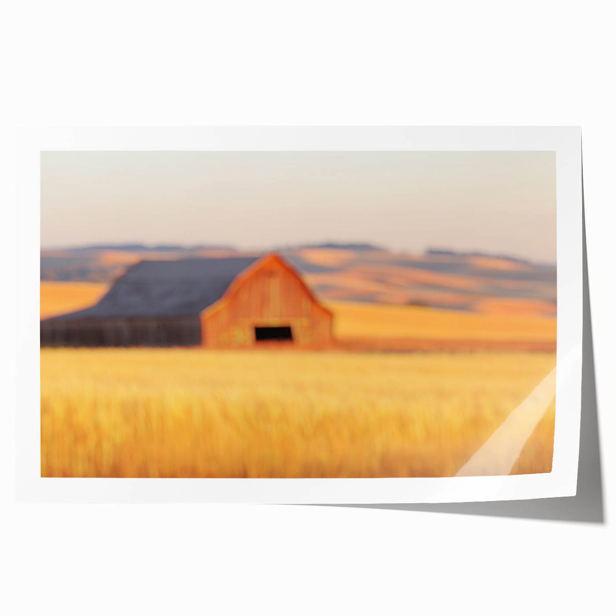 Minimalist Coastal Landscape Art – Blurred Barn in Golden Fields