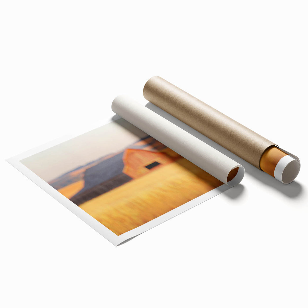 Minimalist Coastal Landscape Art – Blurred Barn in Golden Fields