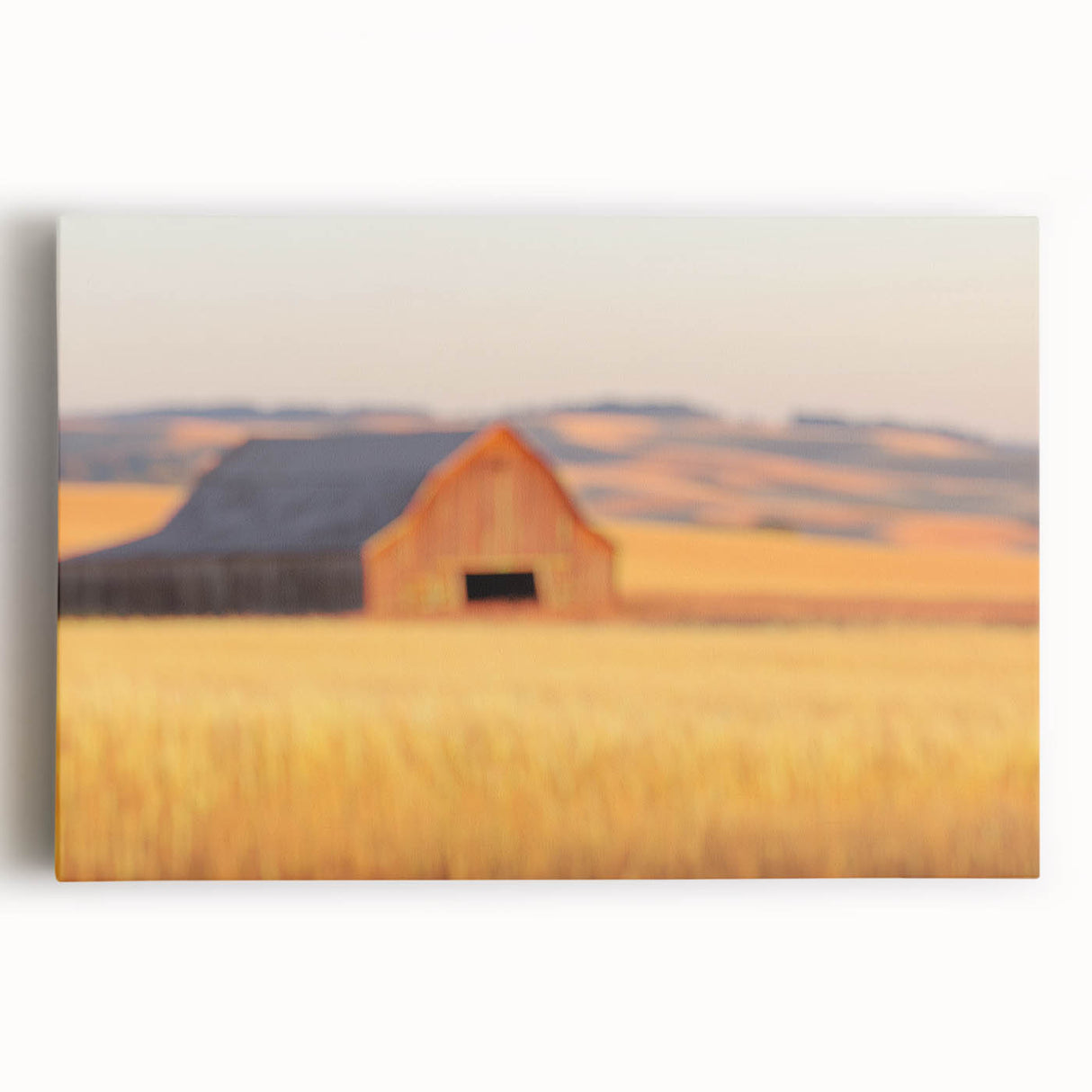 Minimalist Coastal Landscape Art – Blurred Barn in Golden Fields