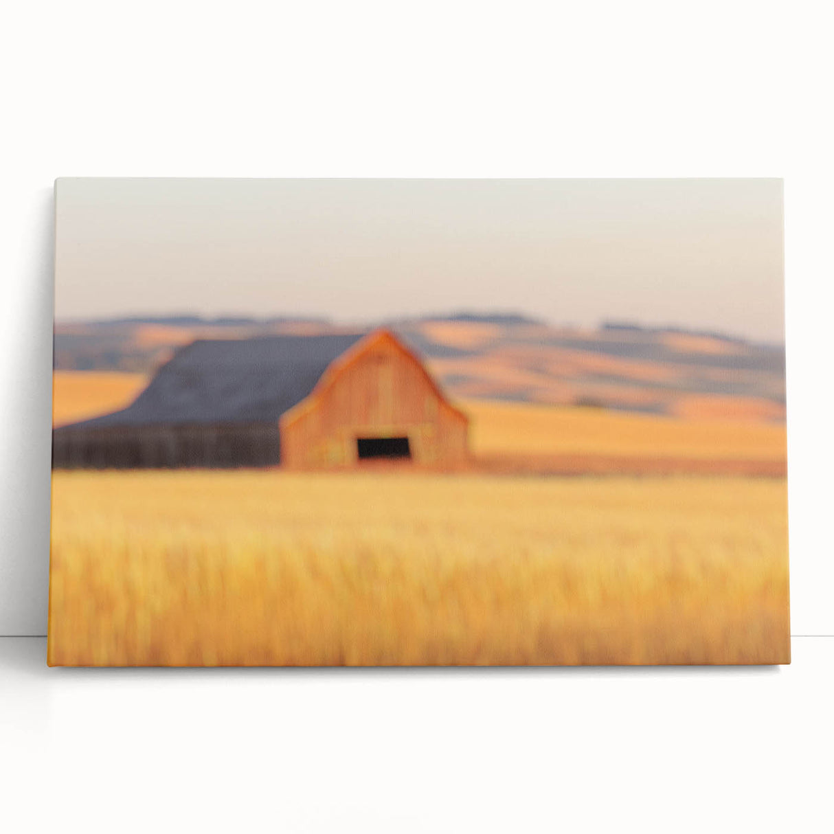 Minimalist Coastal Landscape Art – Blurred Barn in Golden Fields
