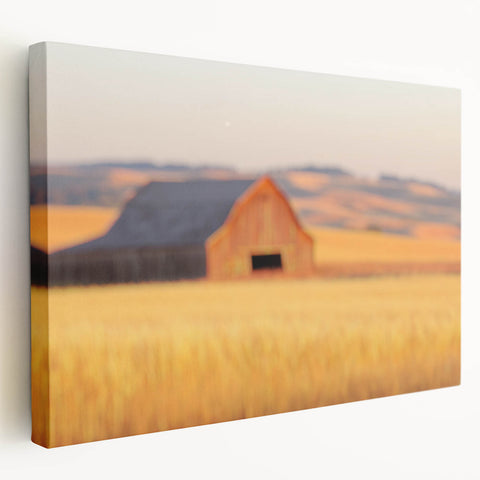 Minimalist Coastal Landscape Art – Blurred Barn in Golden Fields