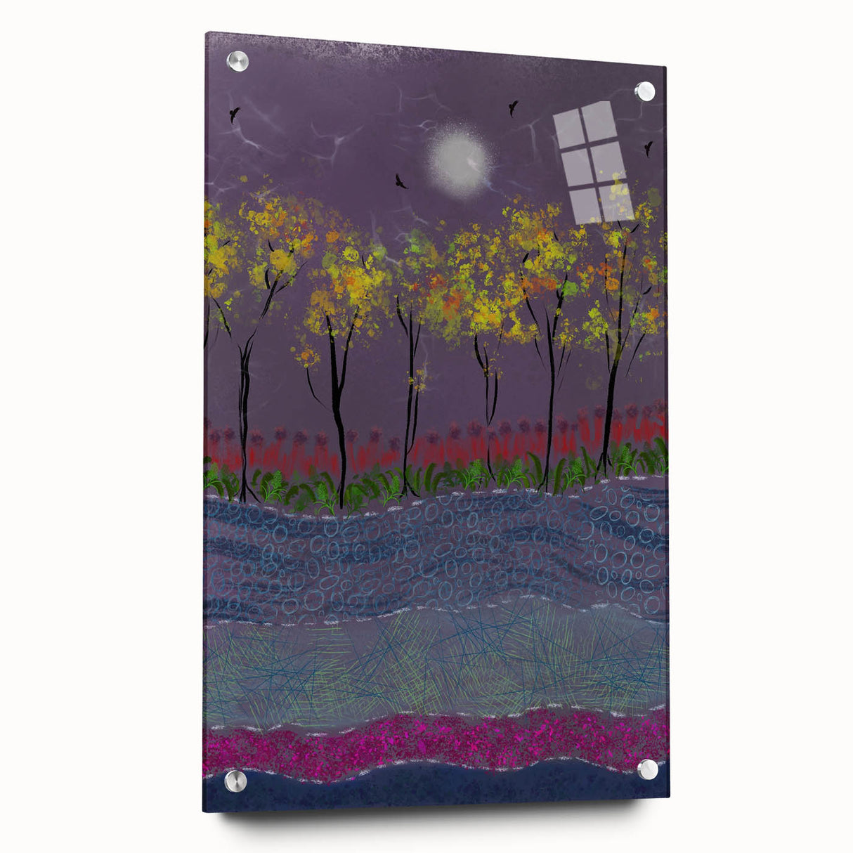 Abstract Minimalist Landscape Paintings – Forest Glow by Moonlight