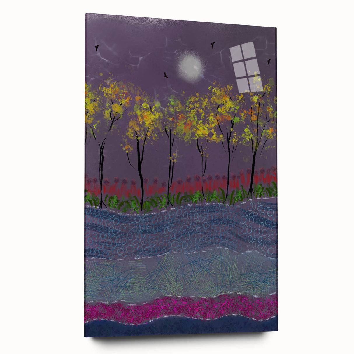 Abstract Minimalist Landscape Paintings – Forest Glow by Moonlight