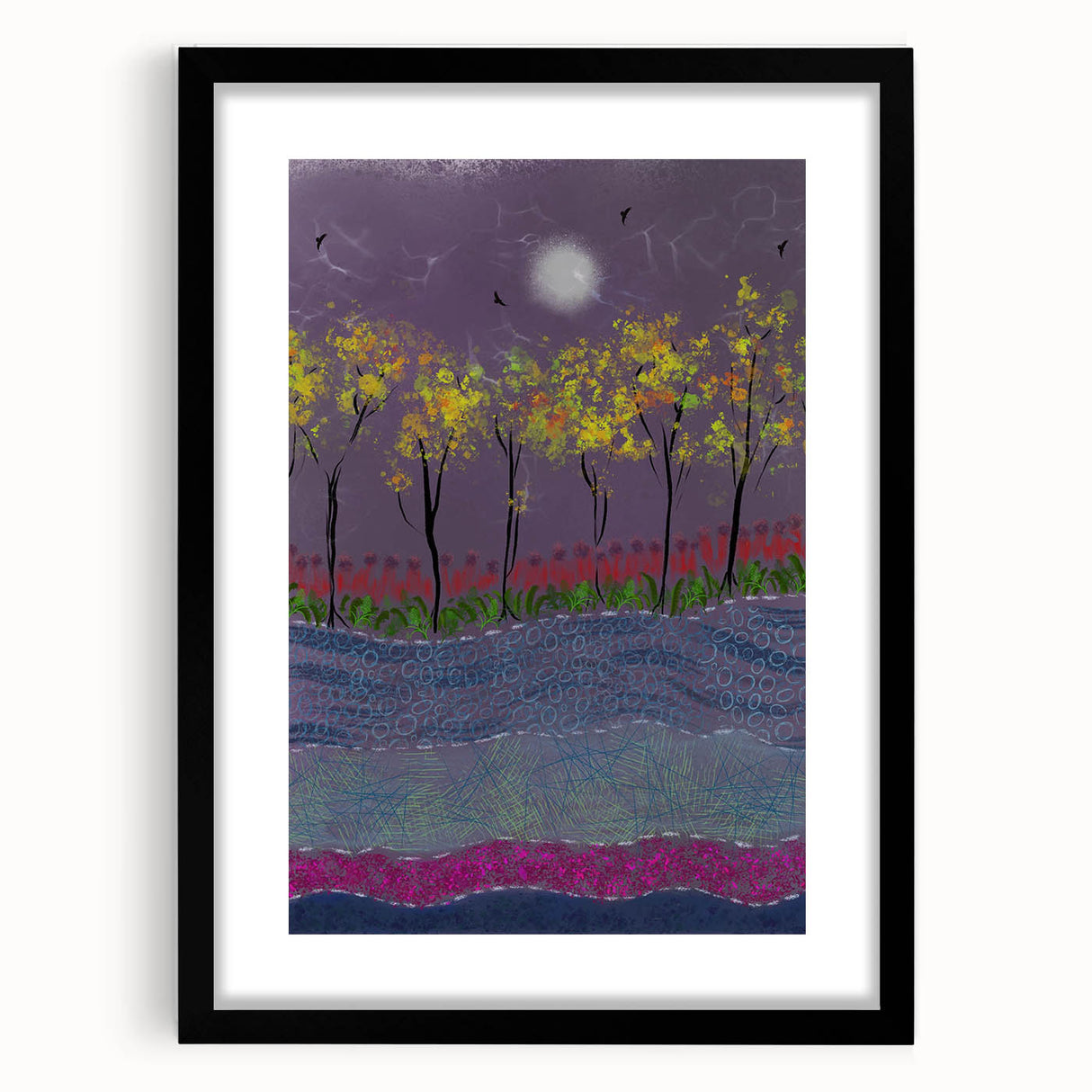 Abstract Minimalist Landscape Paintings – Forest Glow by Moonlight