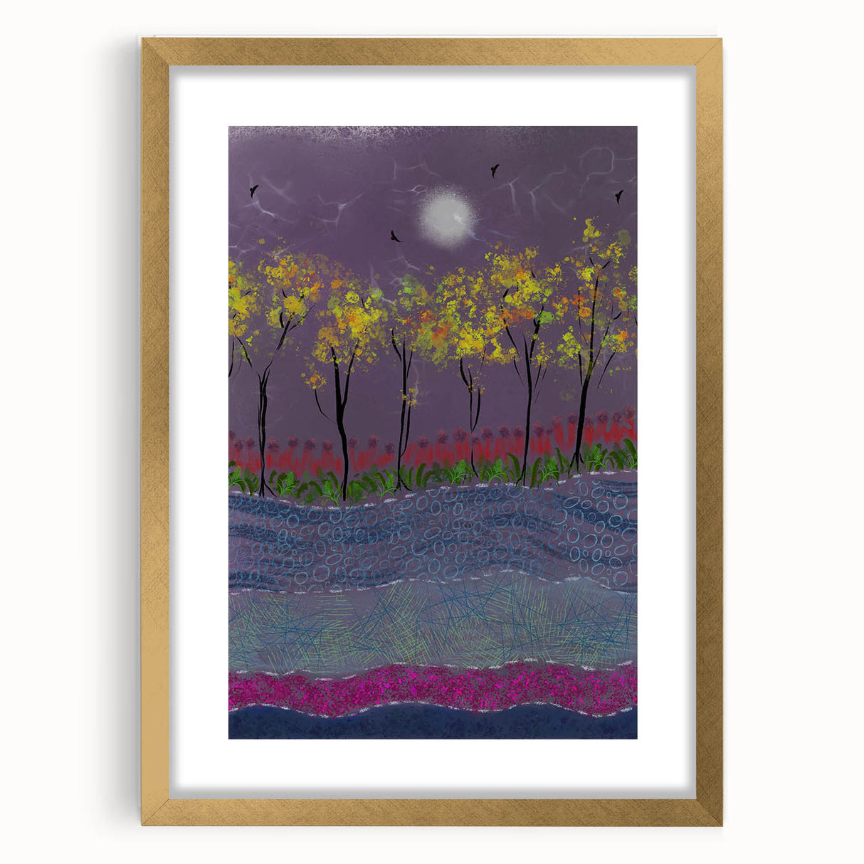 Abstract Minimalist Landscape Paintings – Forest Glow by Moonlight