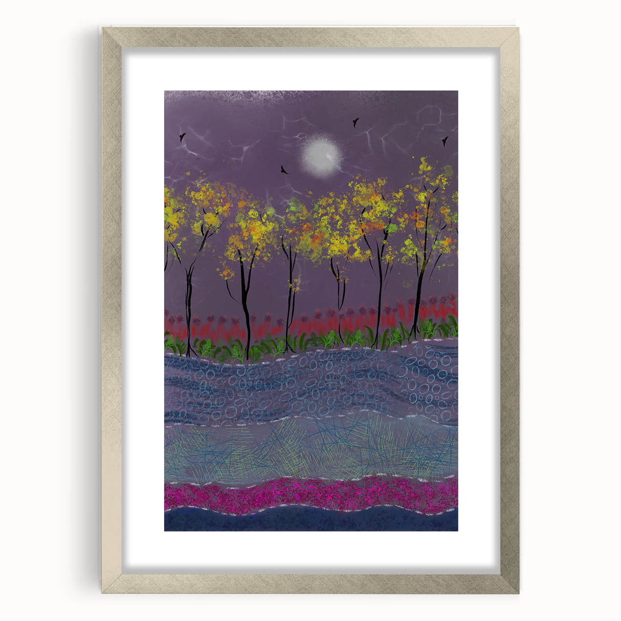 Abstract Minimalist Landscape Paintings – Forest Glow by Moonlight
