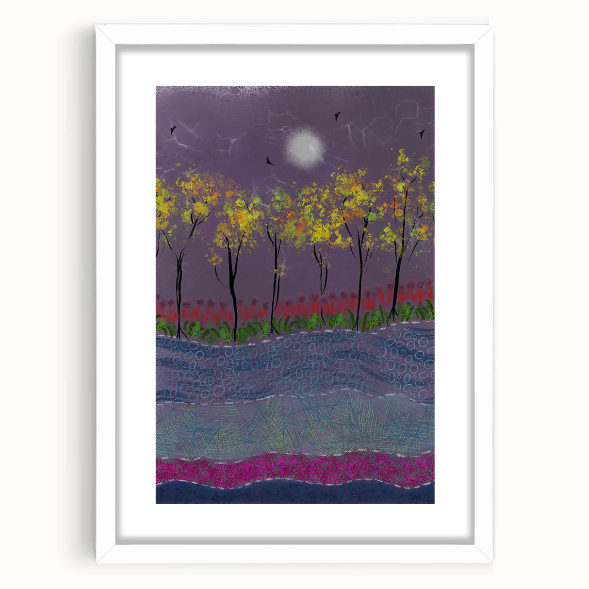 Abstract Minimalist Landscape Paintings – Forest Glow by Moonlight