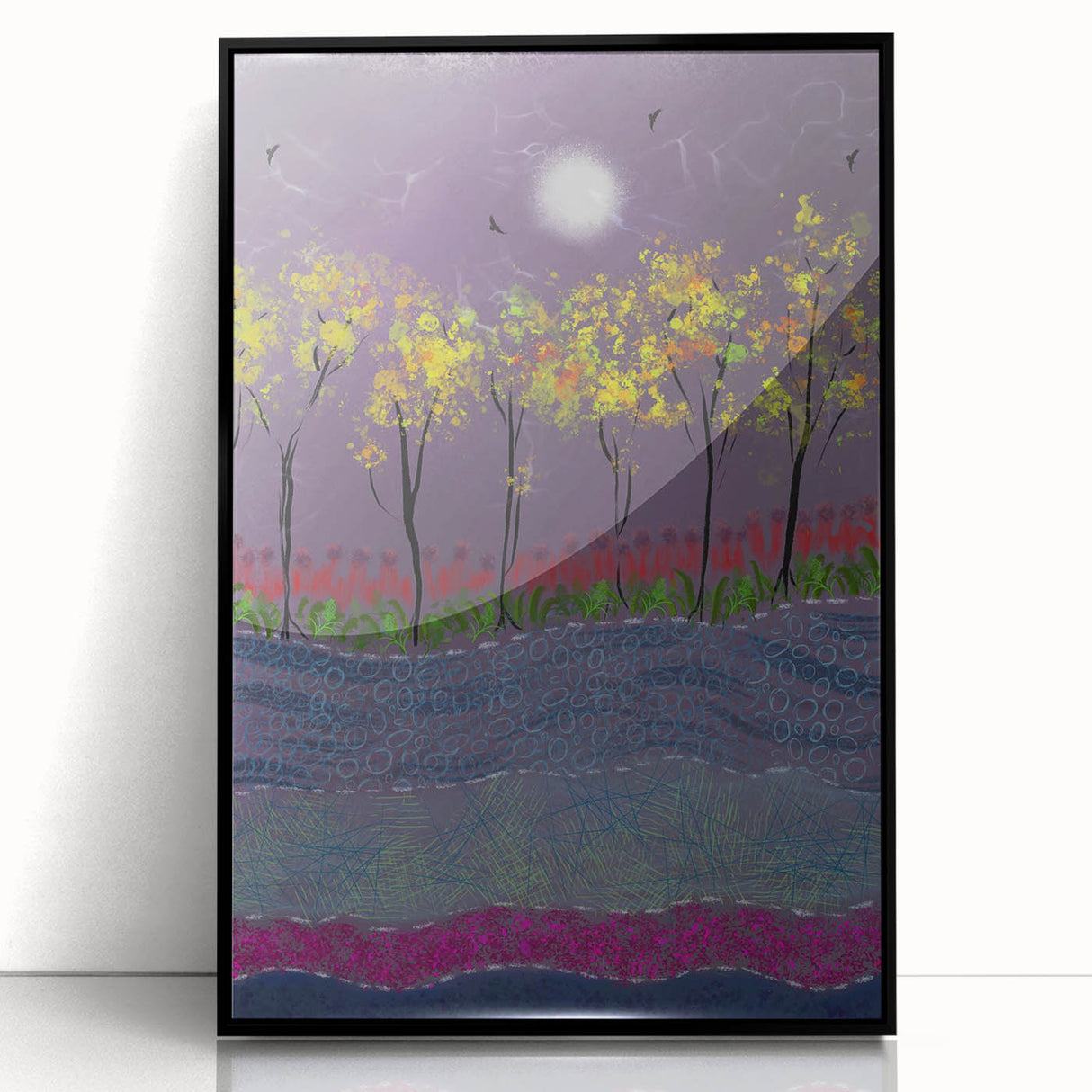 Abstract Minimalist Landscape Paintings – Forest Glow by Moonlight