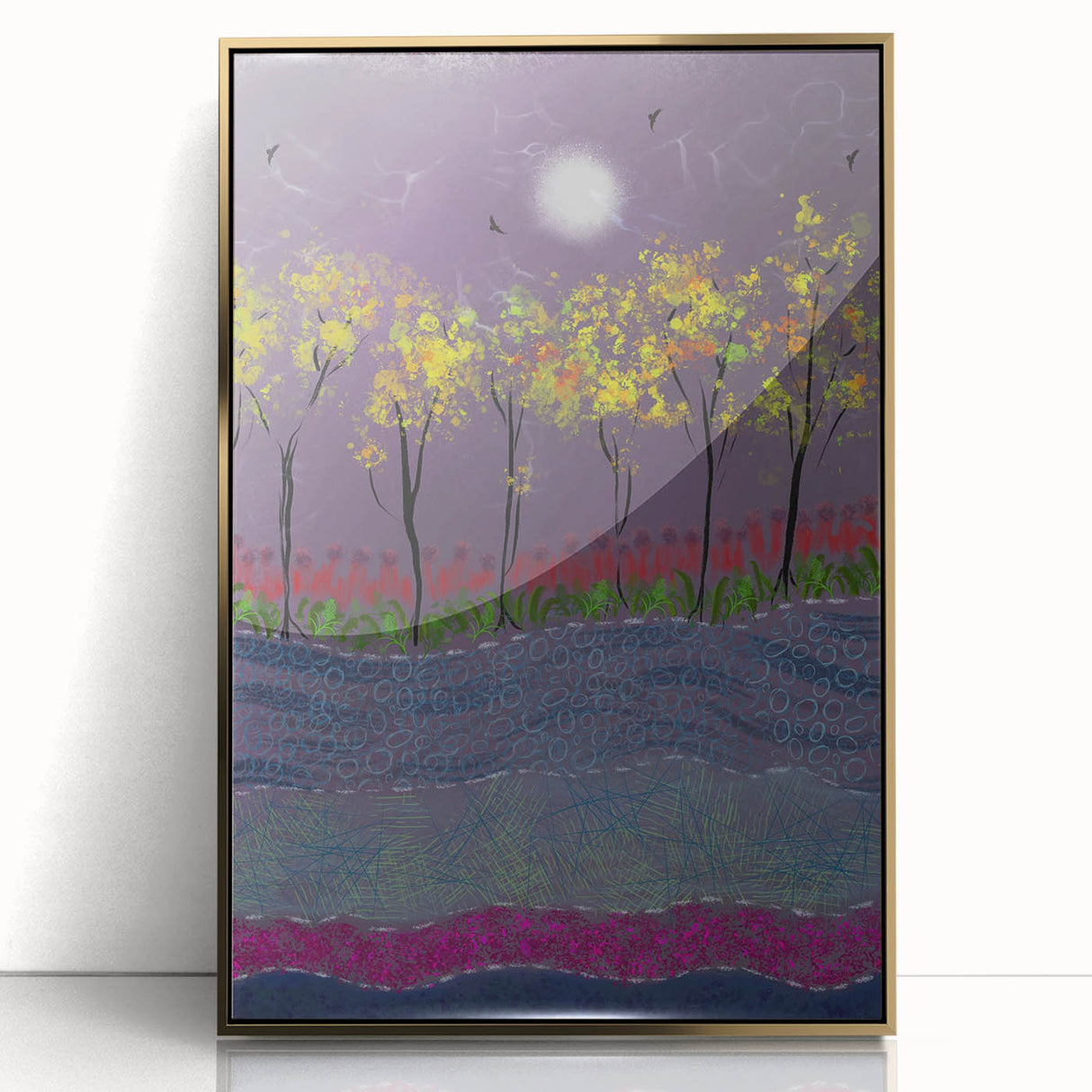 Abstract Minimalist Landscape Paintings – Forest Glow by Moonlight