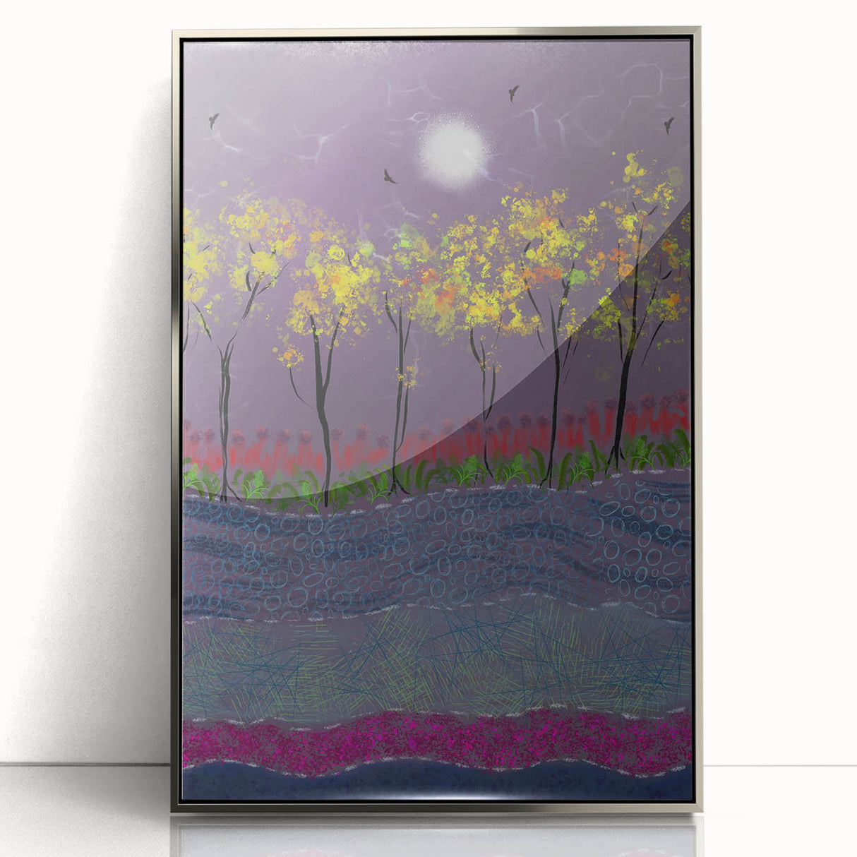 Abstract Minimalist Landscape Paintings – Forest Glow by Moonlight