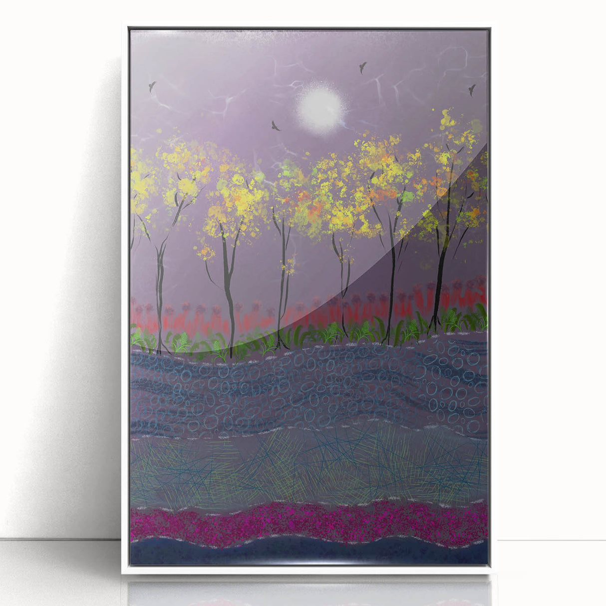 Abstract Minimalist Landscape Paintings – Forest Glow by Moonlight
