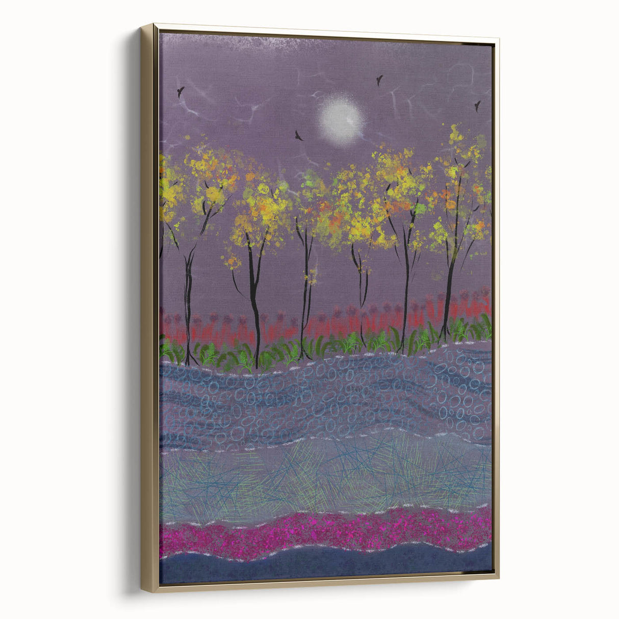 Abstract Minimalist Landscape Paintings – Forest Glow by Moonlight