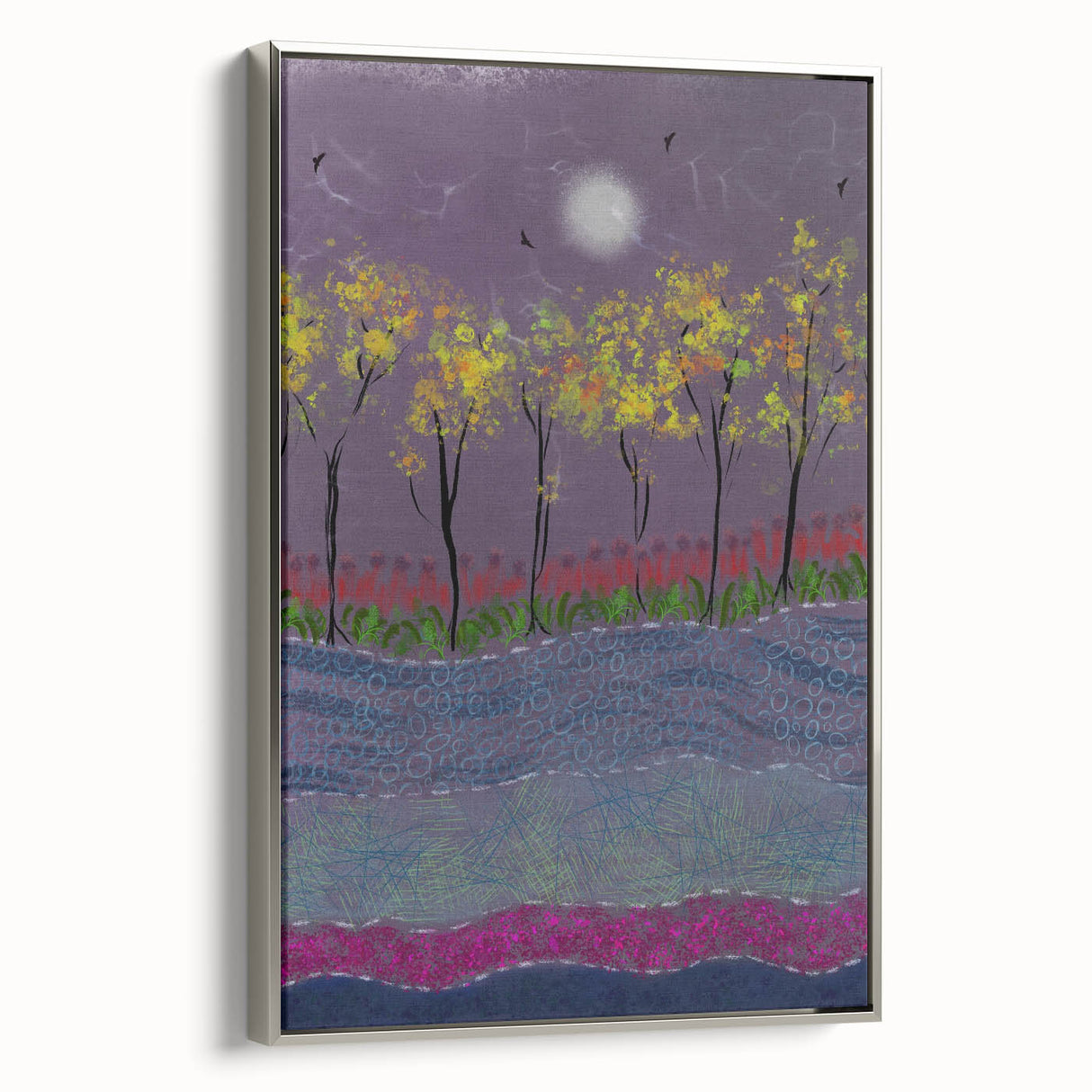 Abstract Minimalist Landscape Paintings – Forest Glow by Moonlight