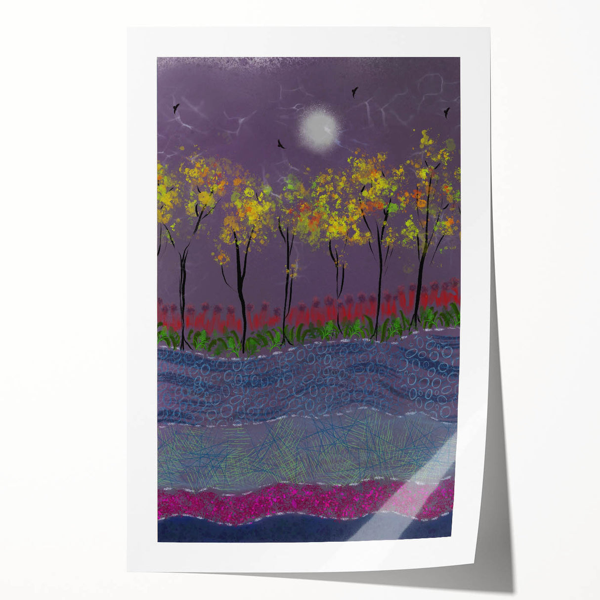 Abstract Minimalist Landscape Paintings – Forest Glow by Moonlight