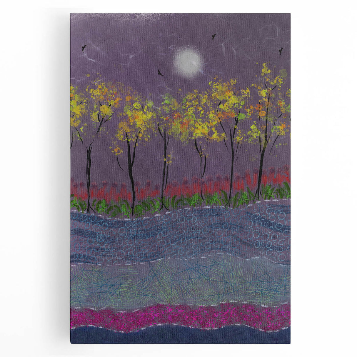 Abstract Minimalist Landscape Paintings – Forest Glow by Moonlight