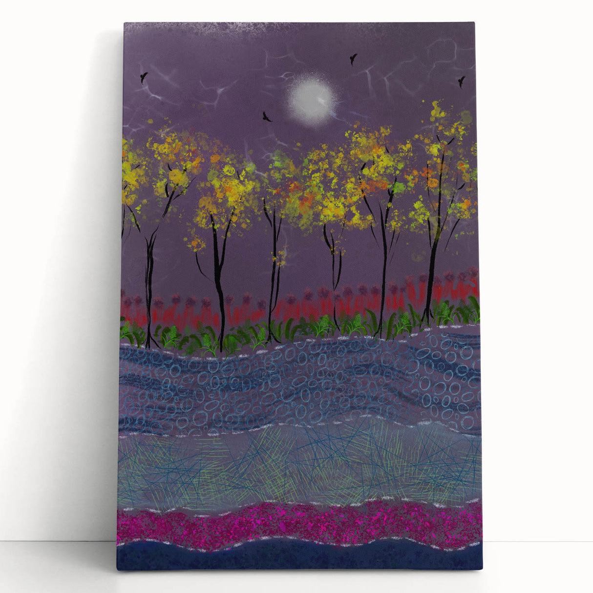 Abstract Minimalist Landscape Paintings – Forest Glow by Moonlight
