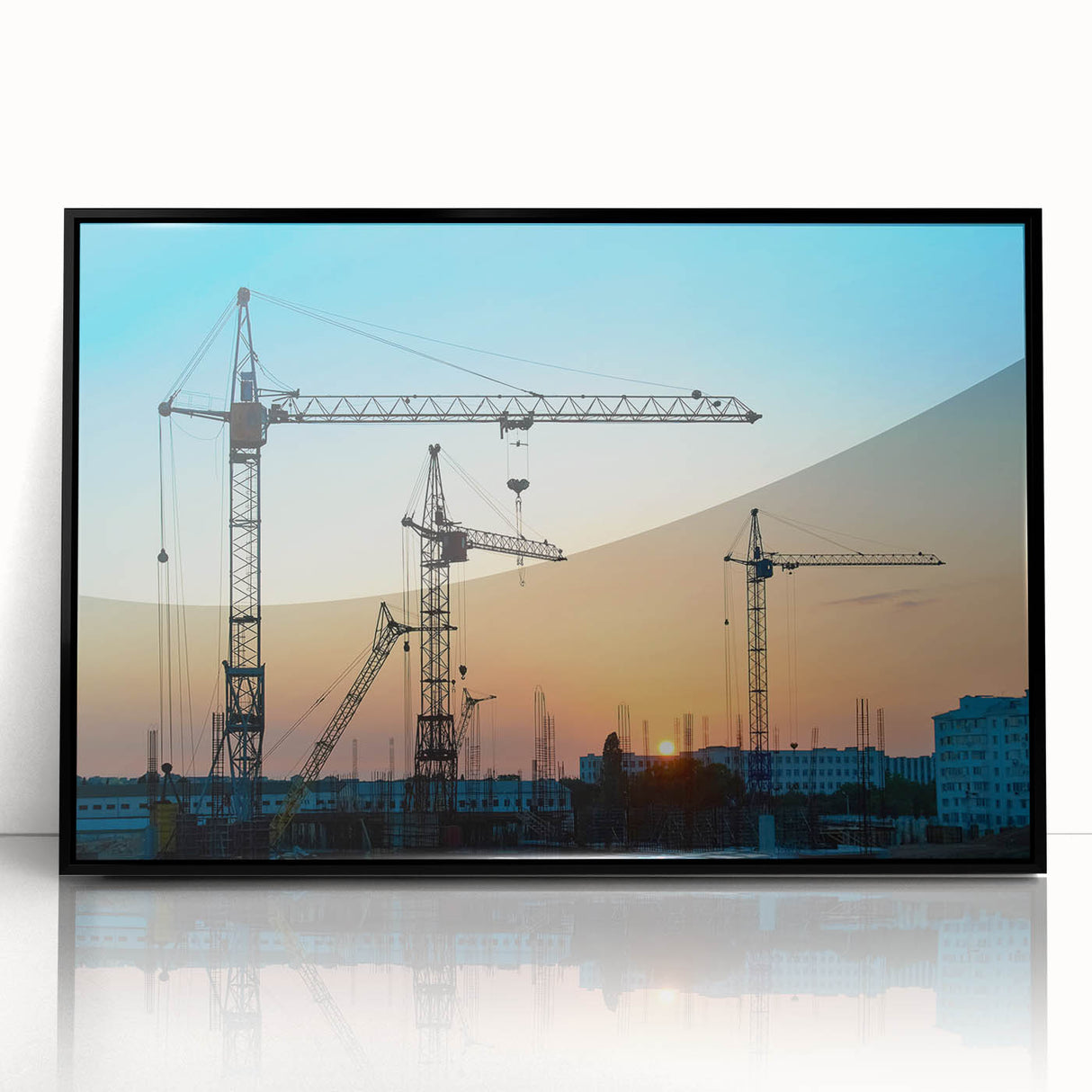 Large abstract wall art in vibrant orange and blue tones on canvas, ideal for modern living room decor.