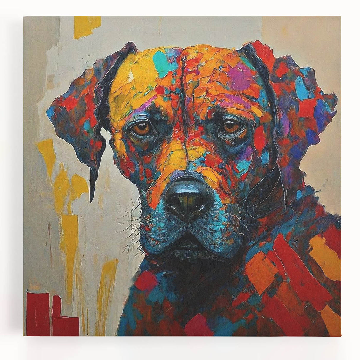 Vibrant abstract expressionist wall art design on stretched canvas, showcasing bold colors and dynamic brushstrokes, ideal for modern decor.