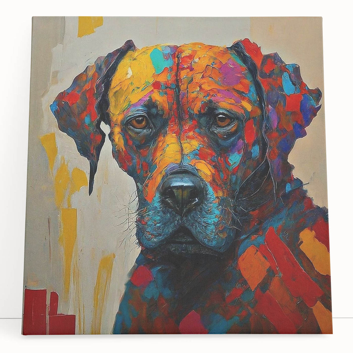 Vibrant abstract expressionist wall art on stretched canvas, showcasing bold colors and dynamic shapes, perfect for modern decor.