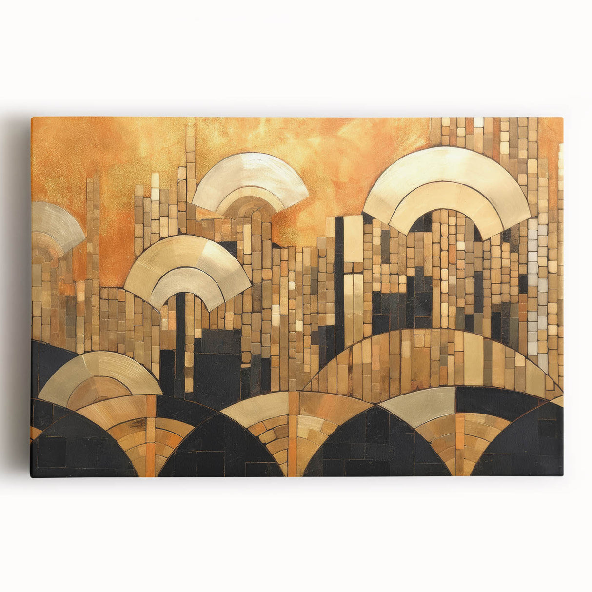 Vibrant abstract expressionist wall art on stretched canvas, showcasing dynamic colors and fluid brushstrokes, perfect for modern decor.