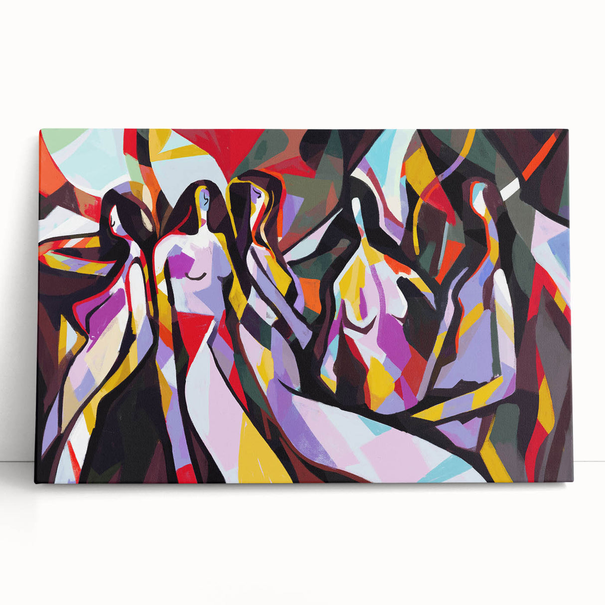 Abstract expressionist wall art design on stretched canvas, showcasing vibrant colors and dynamic brush strokes, ideal for modern decor.
