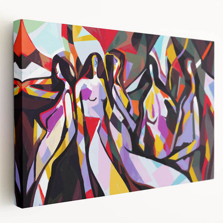 Abstract expressionist wall art collection on stretched canvas, showcasing vibrant colors and dynamic brush strokes, ideal for modern decor.