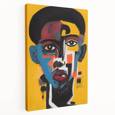Stretched canvas wall art showcasing an abstract figurative design in vibrant colors, viewed from the side, perfect for modern decor.