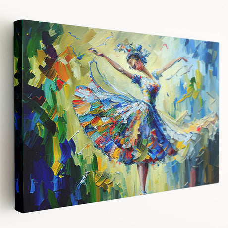 Abstract figurative wall art on stretched canvas showcasing vibrant colors and dynamic shapes, ideal for contemporary home decor.