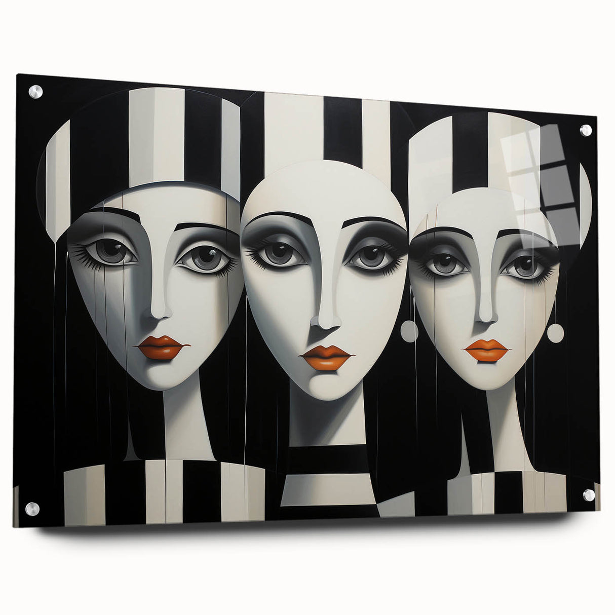Abstract figurative wall art collection displayed in acrylic glass, showcasing vibrant colors and unique shapes, ideal for modern decor.