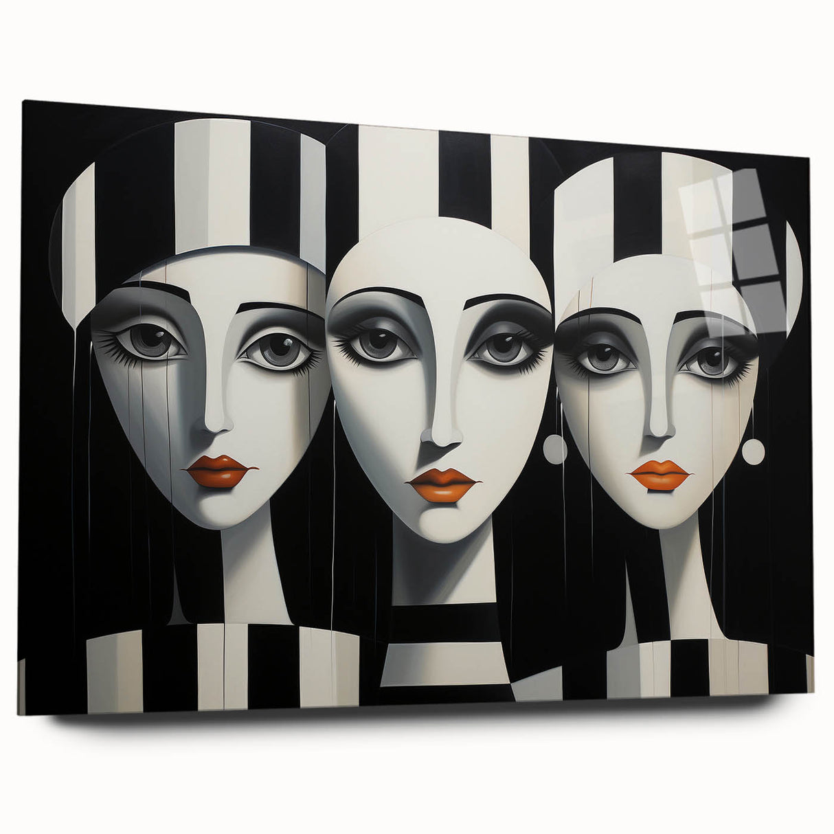 Acrylic glass wall art showcasing an abstract figurative design in vibrant colors, displayed in a modern setting without visible mounting pins.