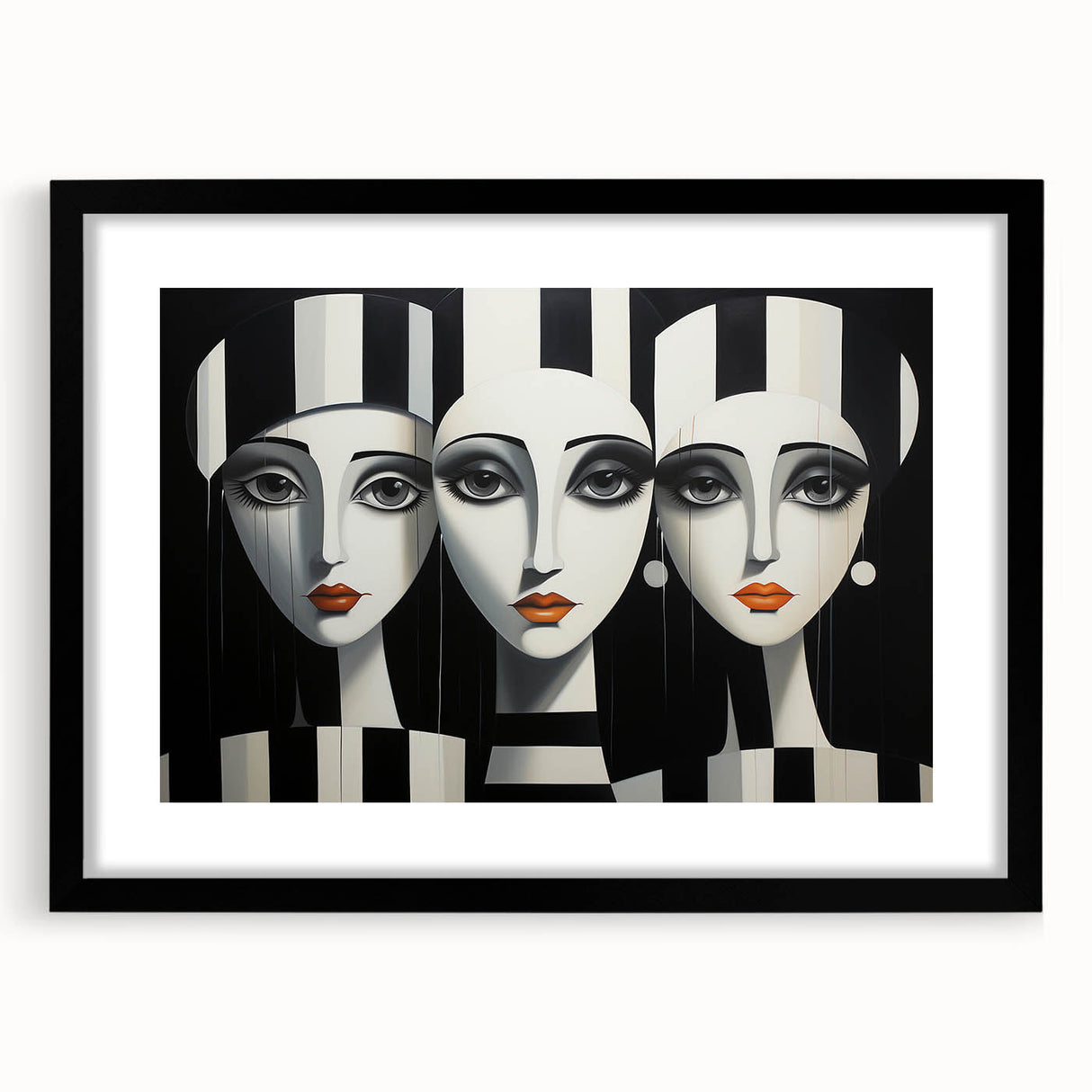 Abstract figurative wall art design featuring a striking black frame and mat, showcasing vibrant colors and dynamic shapes, ideal for modern decor.